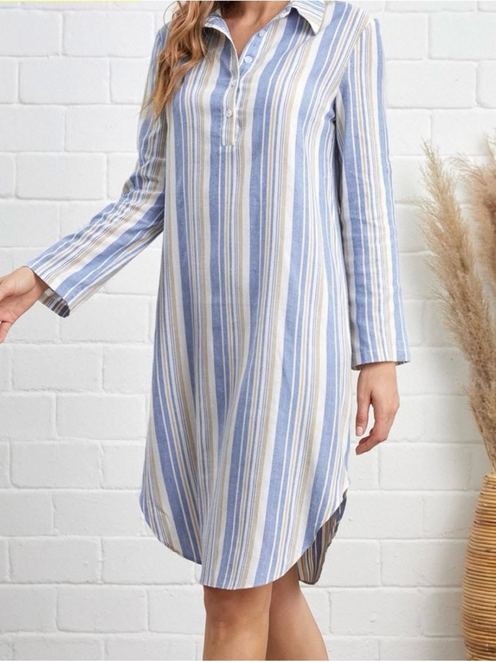 (A7) NWOT Emery Rose Striped Long Sleeve Shirtdress  S Blue White Coastal‎ Boho